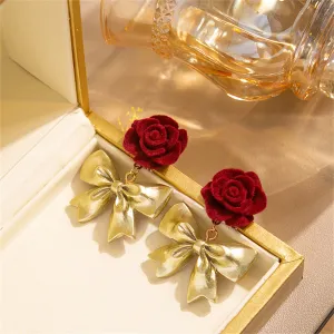 Red Nylon & 18K Gold-Plated Rose Bow Drop Earrings