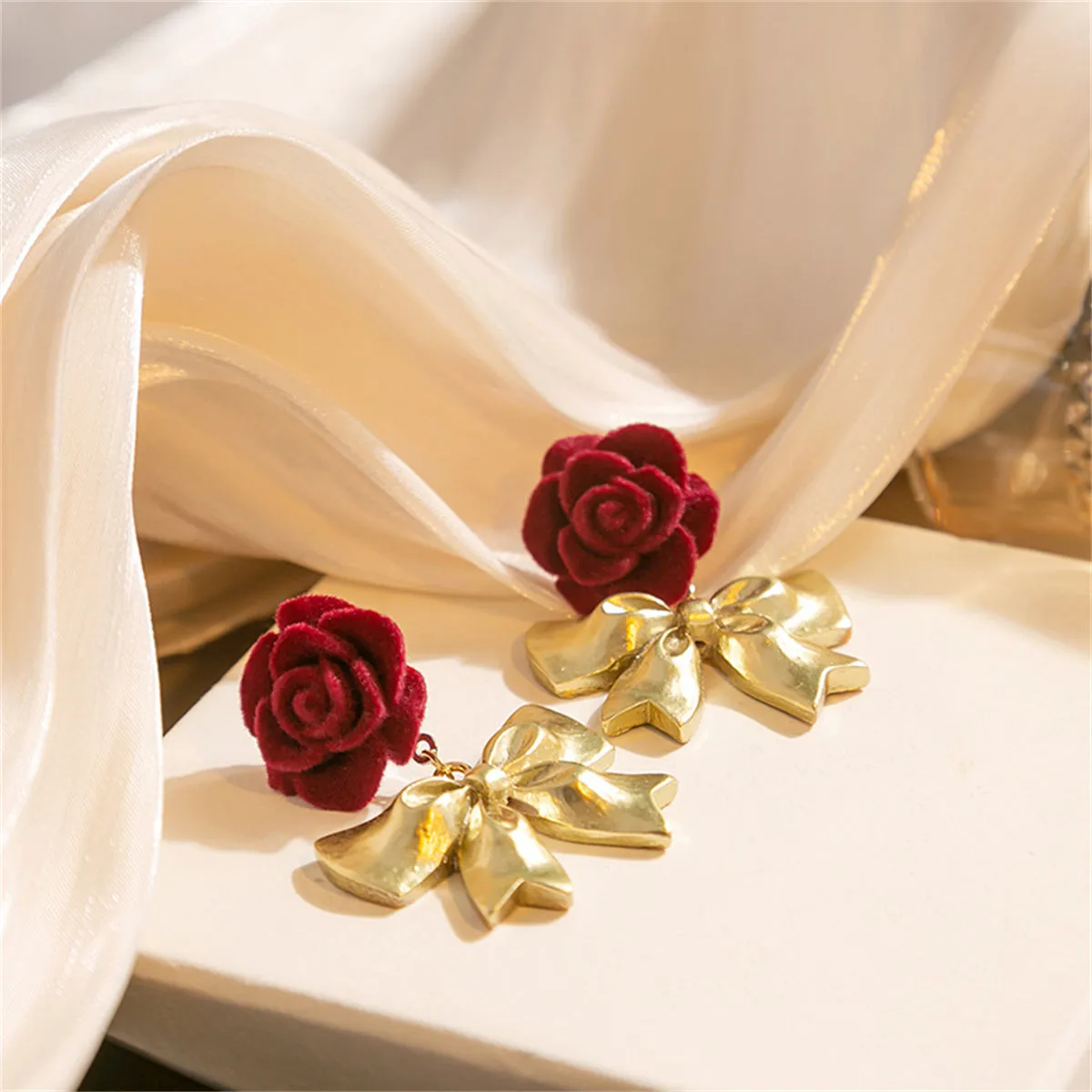 Red Nylon & 18K Gold-Plated Rose Bow Drop Earrings