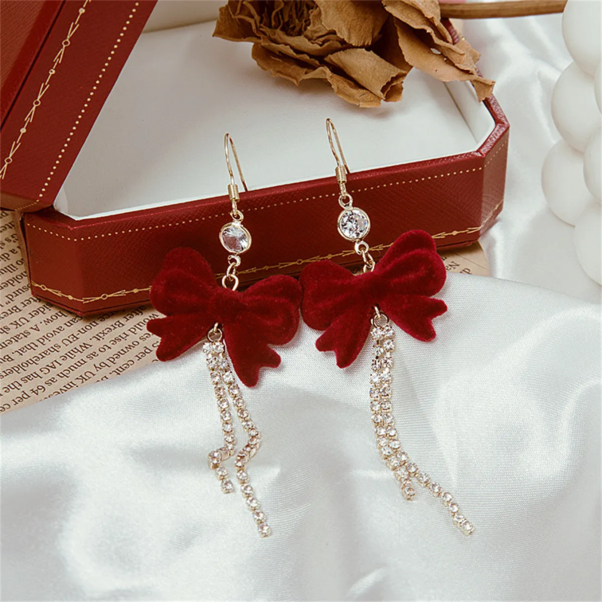 Red Nylon & Cubic Zirconia 18K Gold-Plated Bow Tassel Drop Earrings