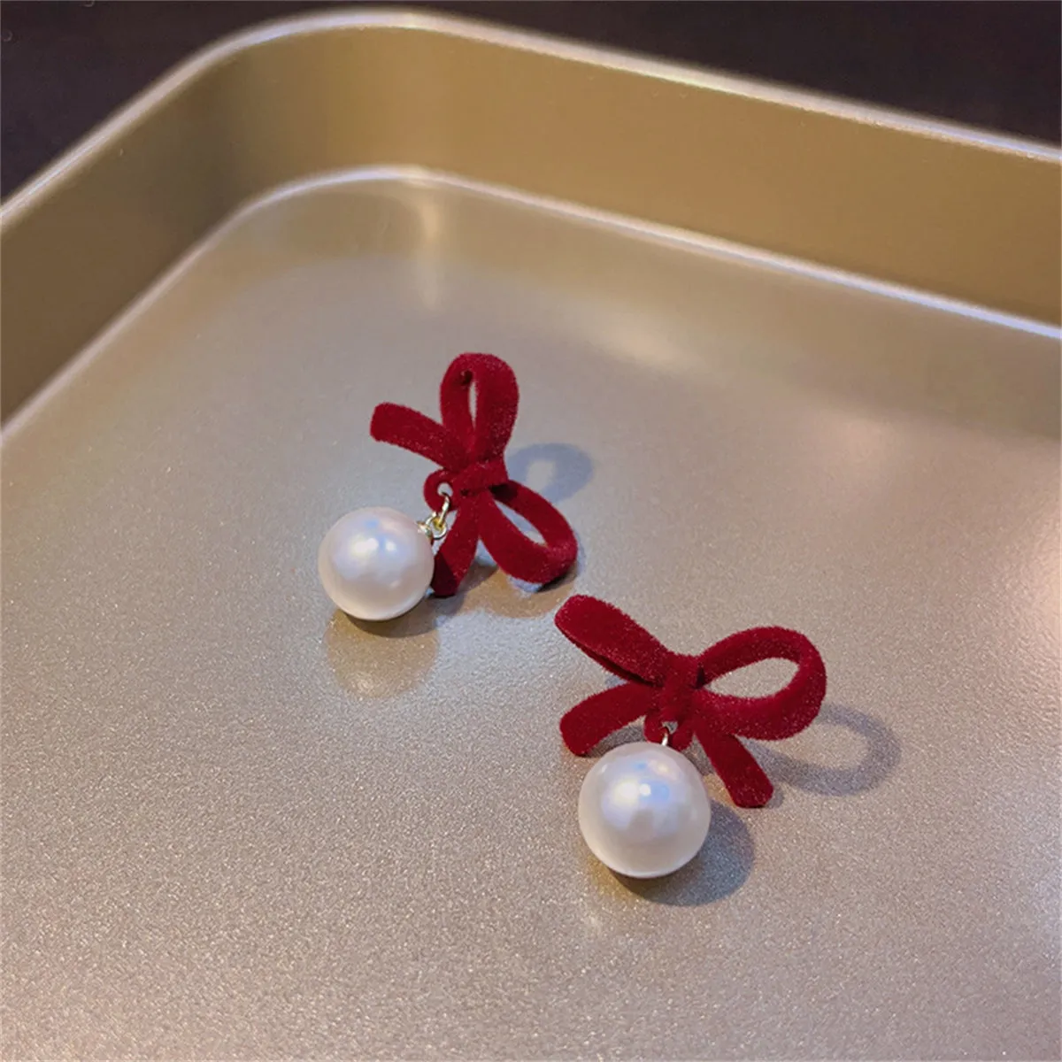 Red Nylon & Pearl 18K Gold-Plated Bow Drop Earrings