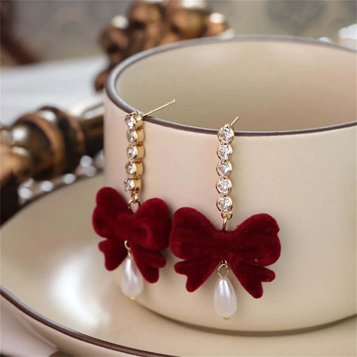 Red Nylon & Pearl 18k Gold-Plated Bow Drop Earrings