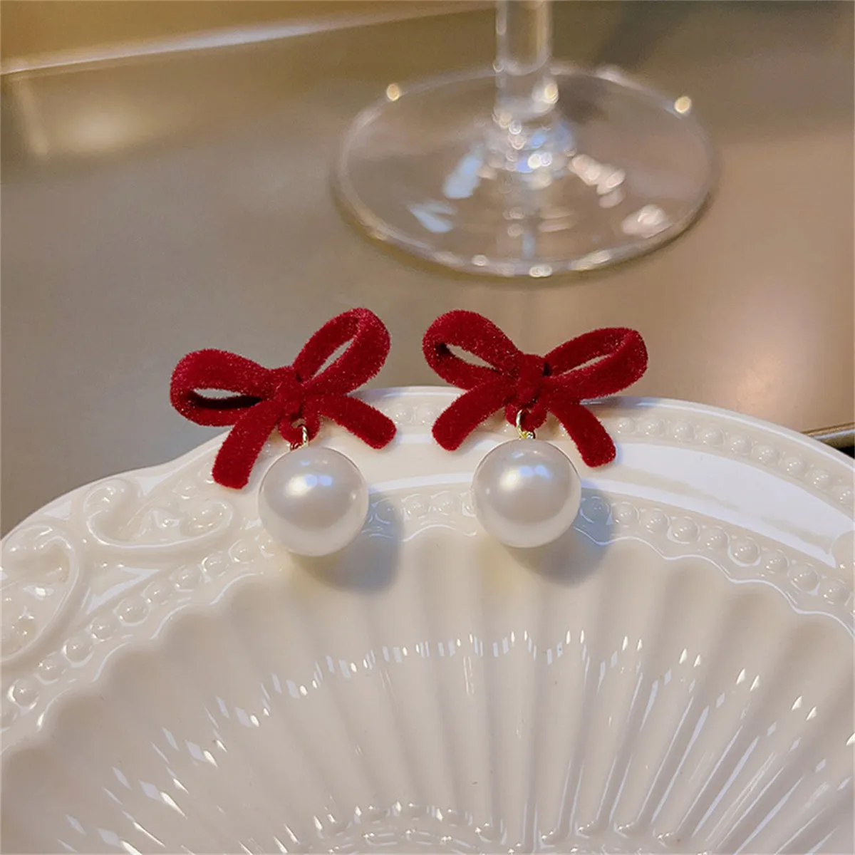 Red Nylon & Pearl 18K Gold-Plated Bow Drop Earrings