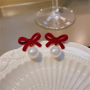 Red Nylon & Pearl 18K Gold-Plated Bow Drop Earrings
