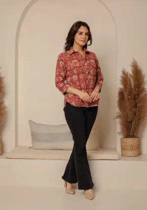 Red Pure Cotton Hand Block Printed Ready-To-Wear Relaxed Fit Shirt