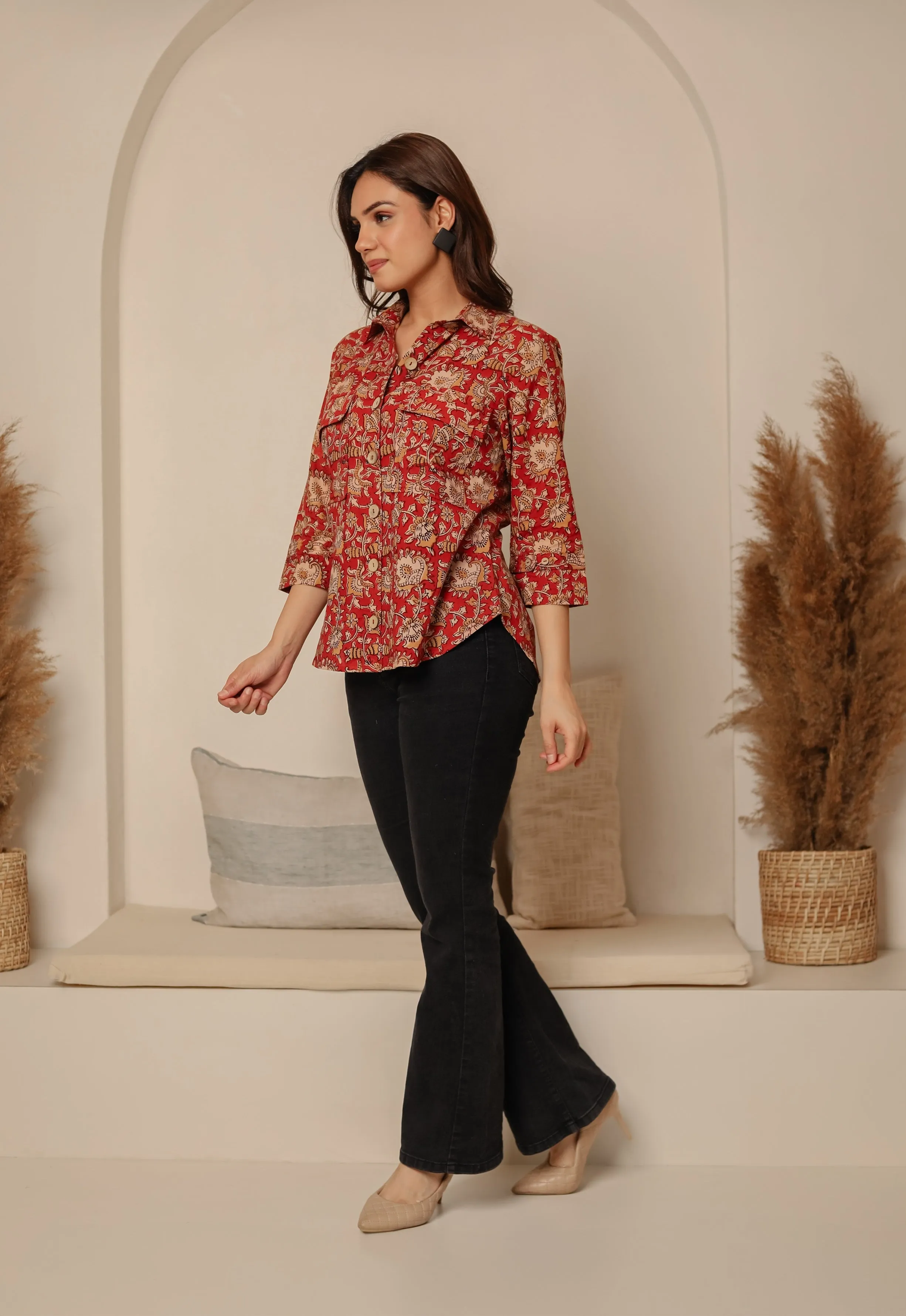 Red Pure Cotton Hand Block Printed Ready-To-Wear Relaxed Fit Shirt