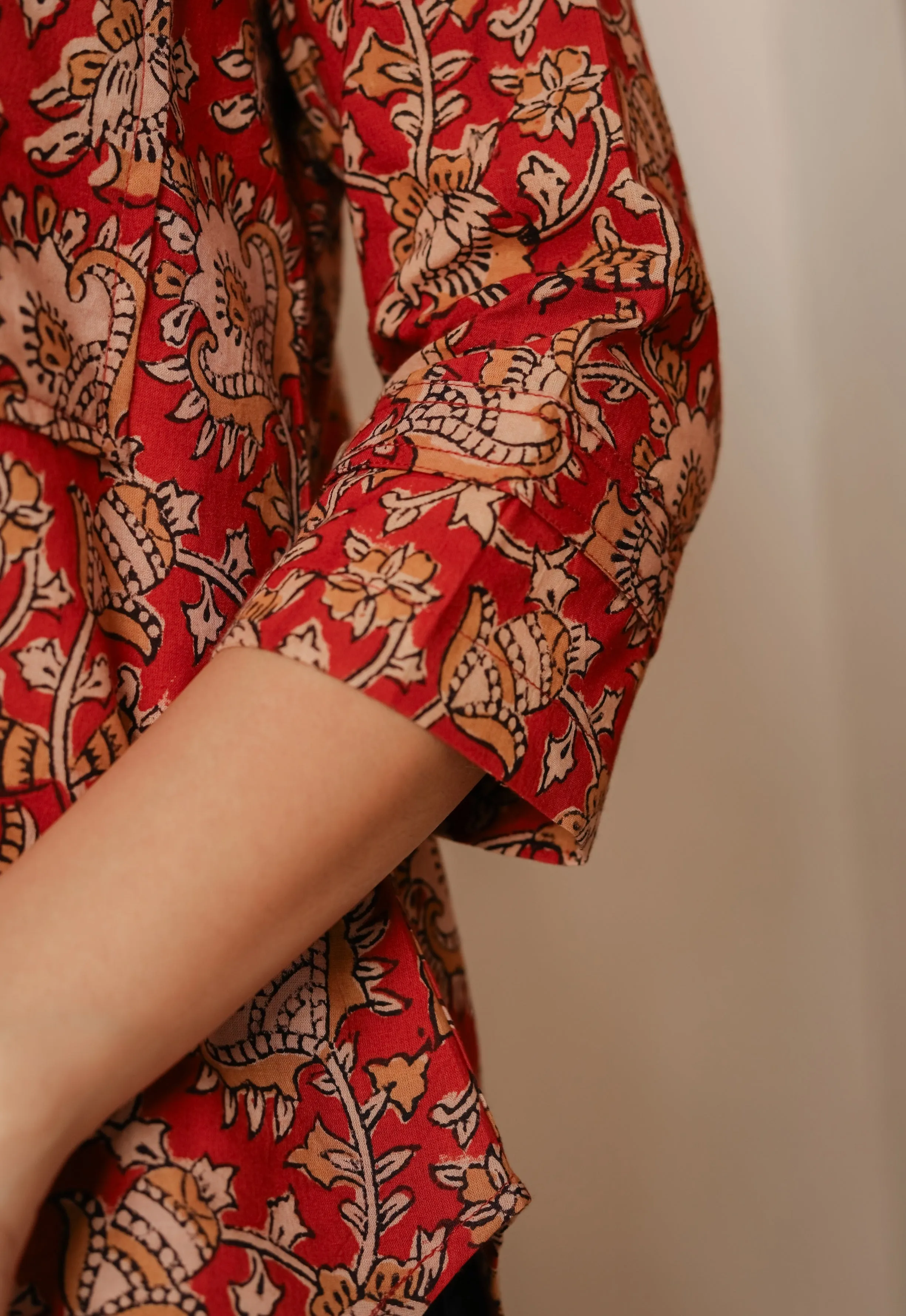 Red Pure Cotton Hand Block Printed Ready-To-Wear Relaxed Fit Shirt