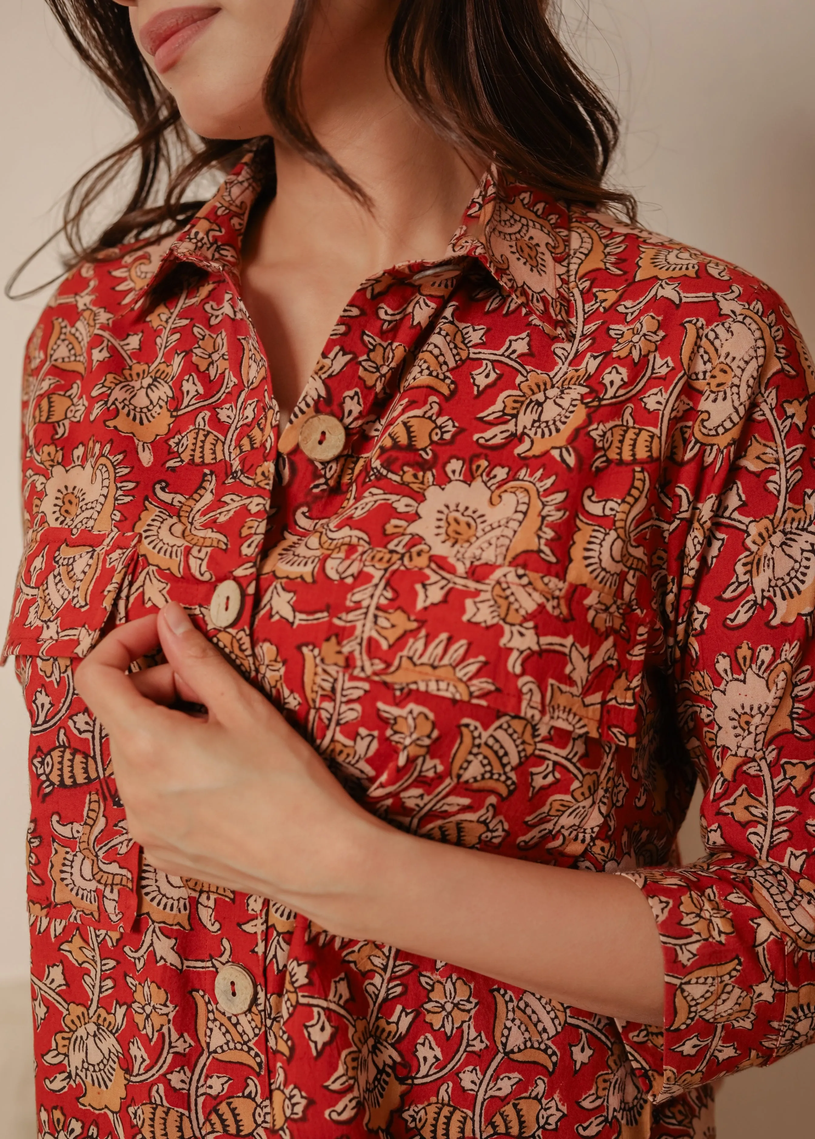 Red Pure Cotton Hand Block Printed Ready-To-Wear Relaxed Fit Shirt