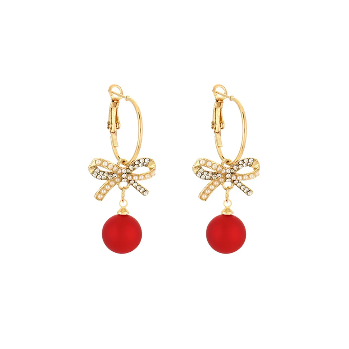 Red Resin & Pearl Cubic Zirconia Bow Huggie Earrings