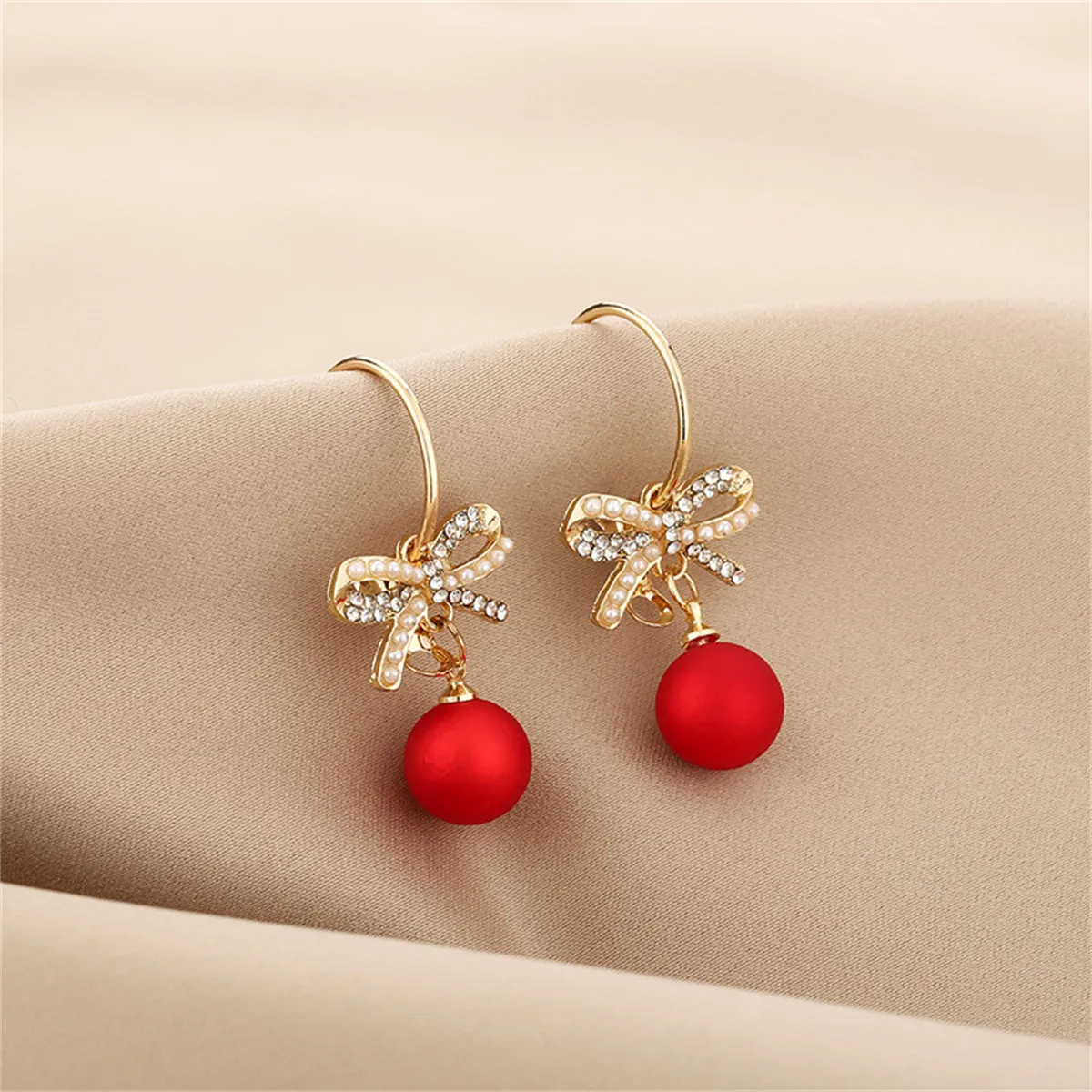 Red Resin & Pearl Cubic Zirconia Bow Huggie Earrings