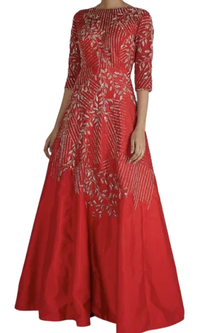 Red Silver Silk Beaded Gown