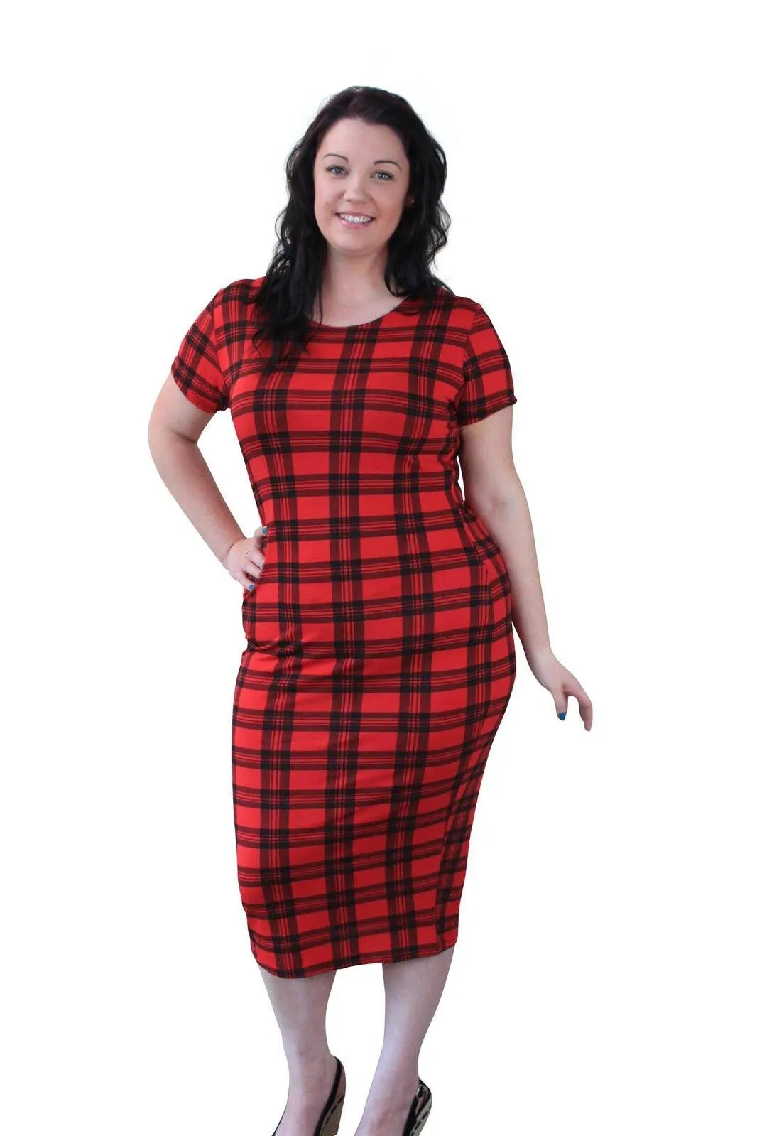 Red Tartan Checked Midi Dress