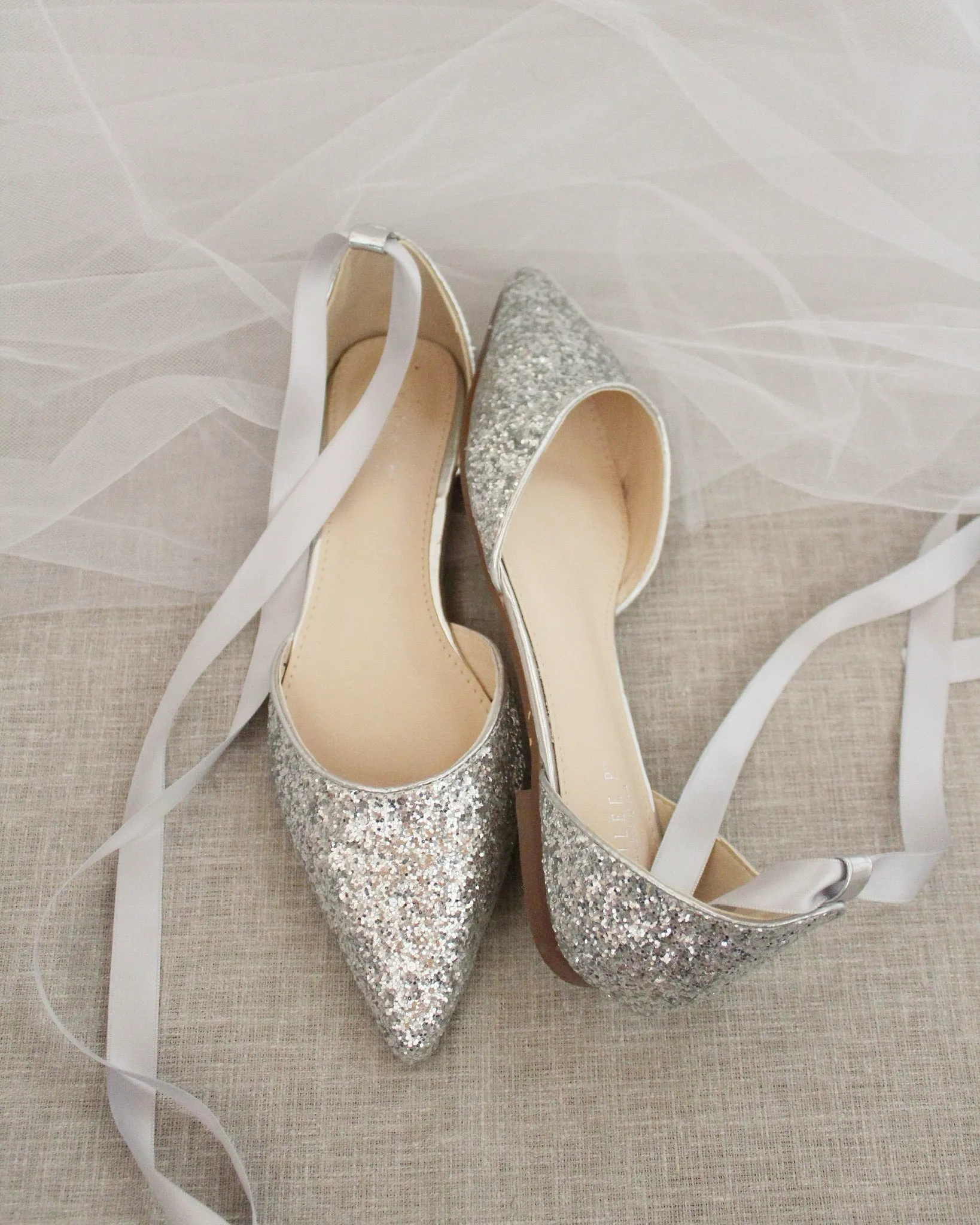 Rock Glitter Pointy Toe Flats with Satin Ankle Tie or Ballerina Lace Up