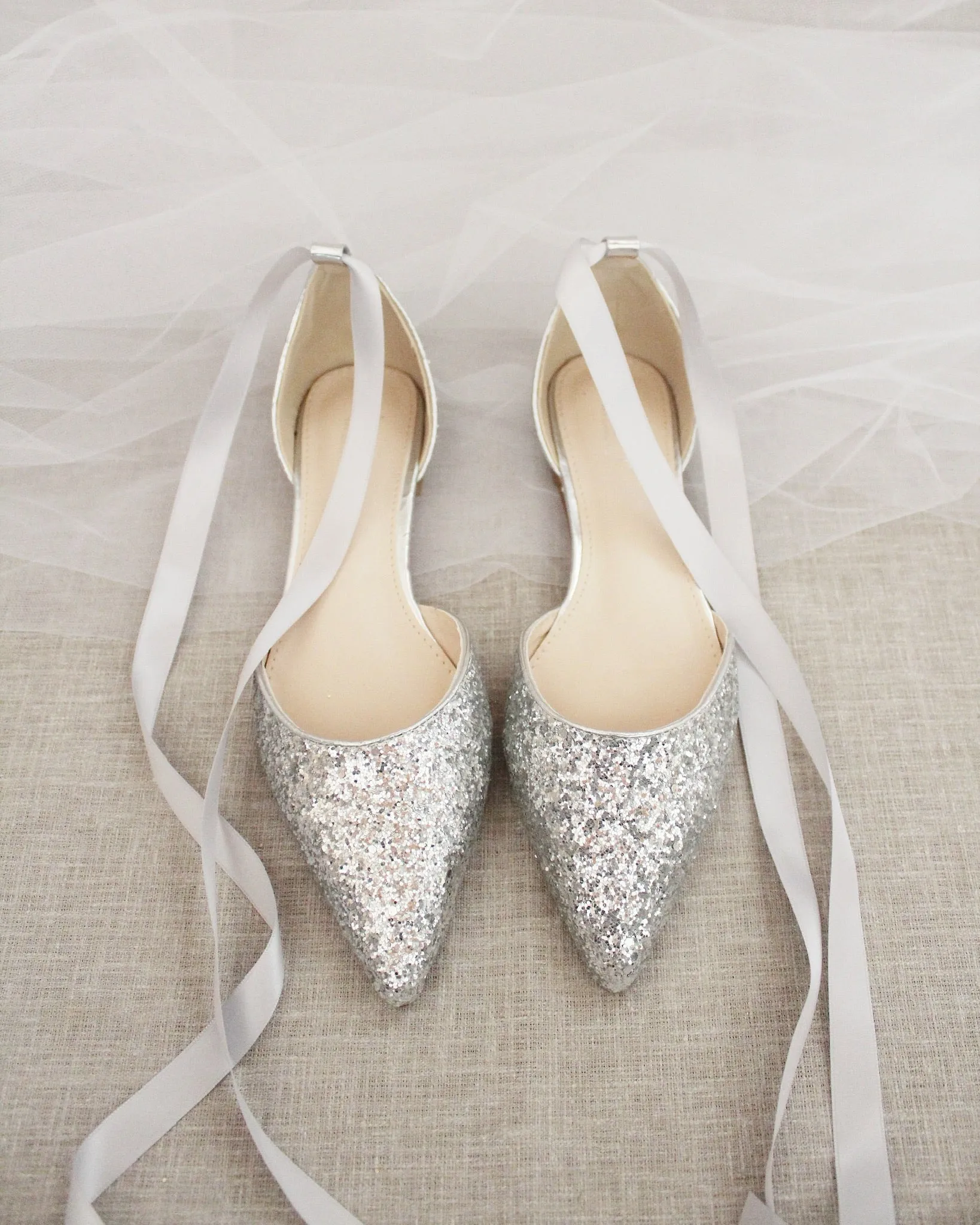 Rock Glitter Pointy Toe Flats with Satin Ankle Tie or Ballerina Lace Up