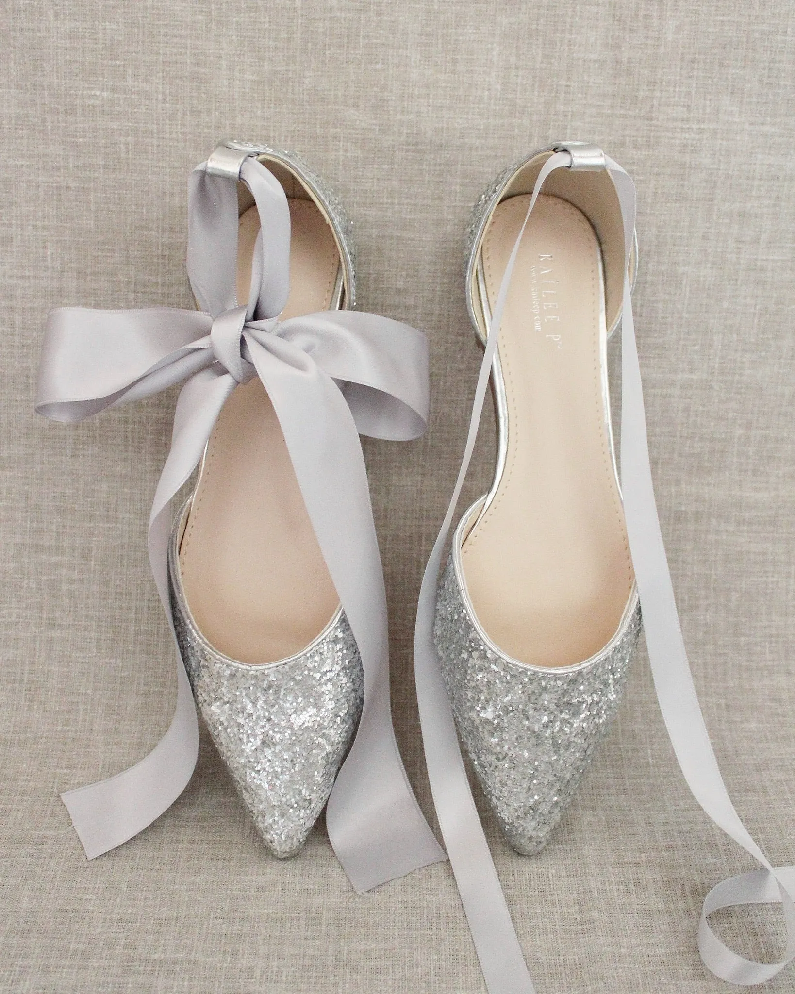 Rock Glitter Pointy Toe Flats with Satin Ankle Tie or Ballerina Lace Up
