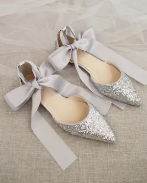 Rock Glitter Pointy Toe Flats with Satin Ankle Tie or Ballerina Lace Up