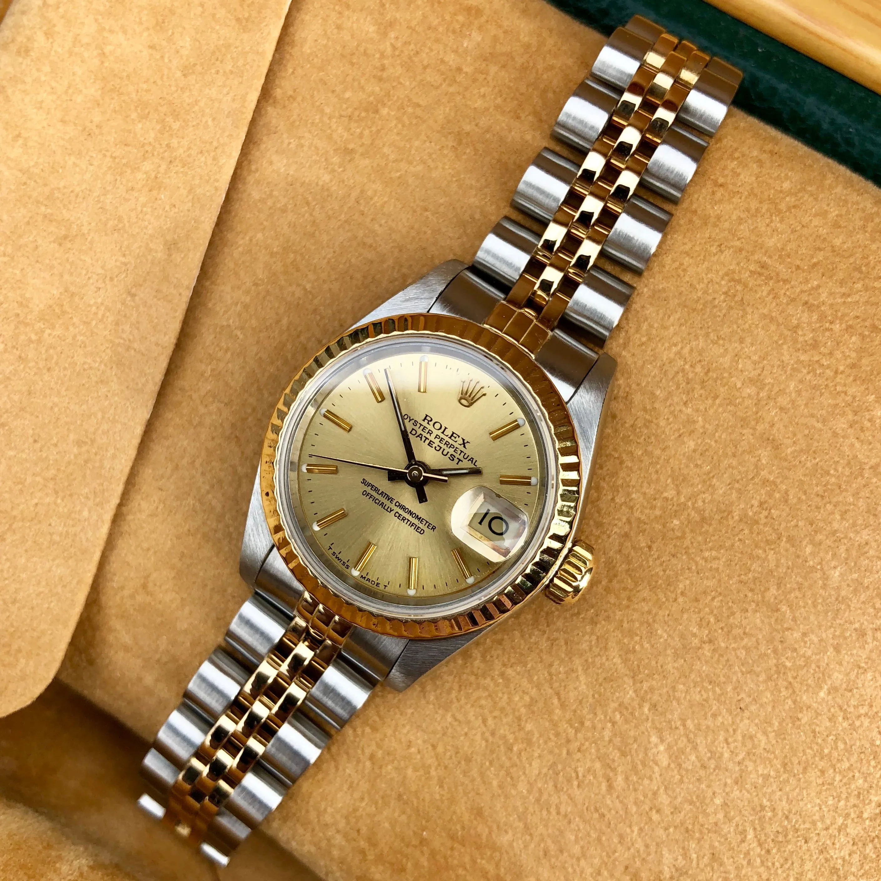 Rolex Datejust 69173 Ladies Two Tone Champagne Stick Dial Steel 18K Gold Jubilee Wristwatch