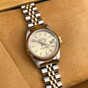 Rolex Datejust 69173 Ladies Two Tone Champagne Stick Dial Steel 18K Gold Jubilee Wristwatch