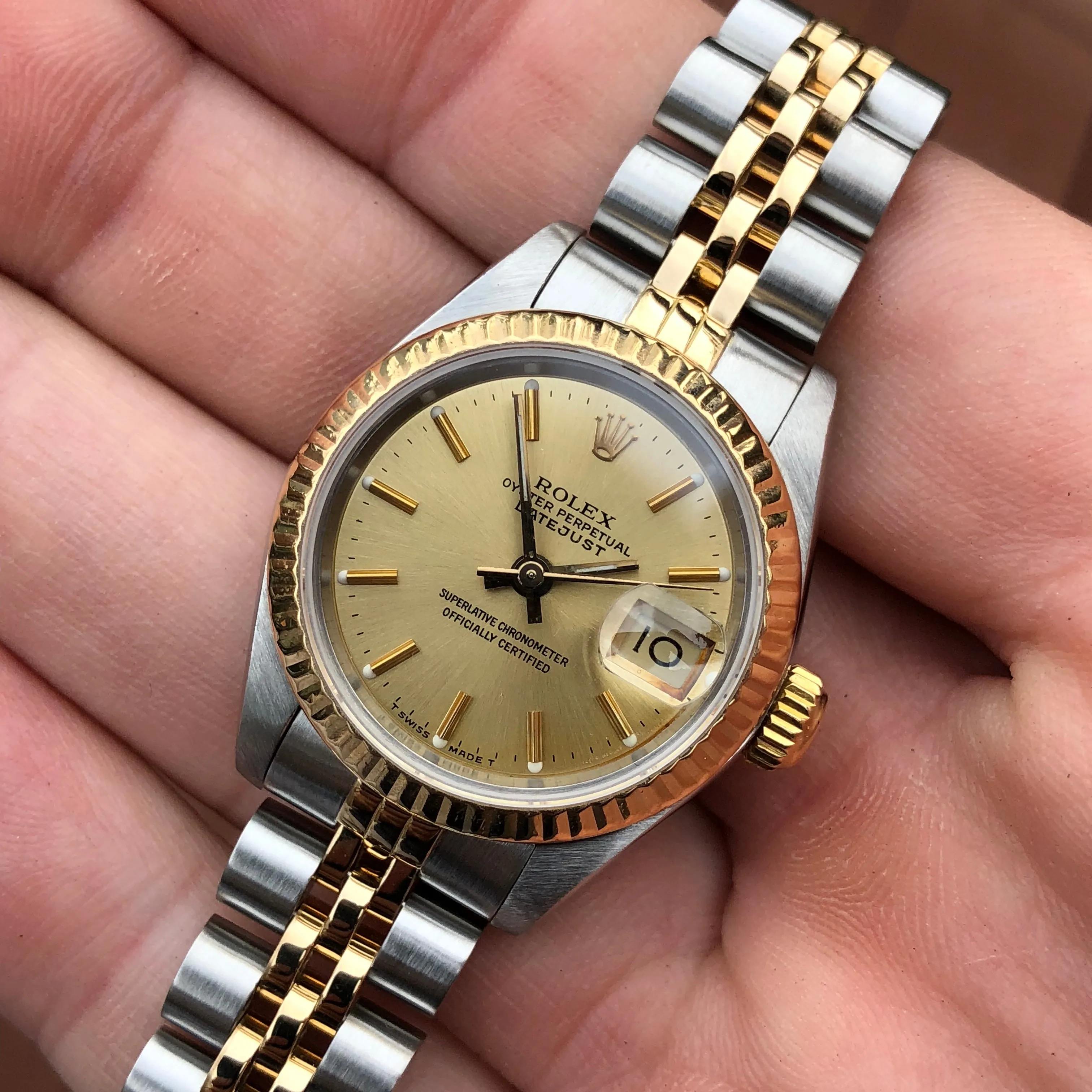 Rolex Datejust 69173 Ladies Two Tone Champagne Stick Dial Steel 18K Gold Jubilee Wristwatch