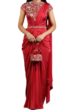 Ruby Red Floral Embellished Pre-Stitched Sari Gown
