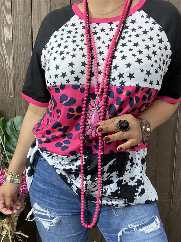 S, L, 3X Stars, Pink Leopard, Cow print color block top