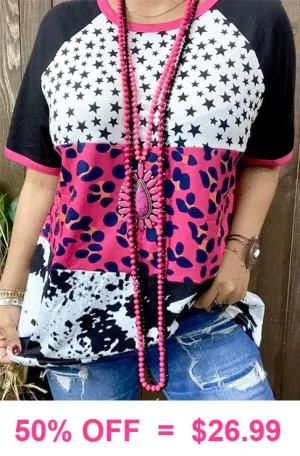 S, L, 3X Stars, Pink Leopard, Cow print color block top