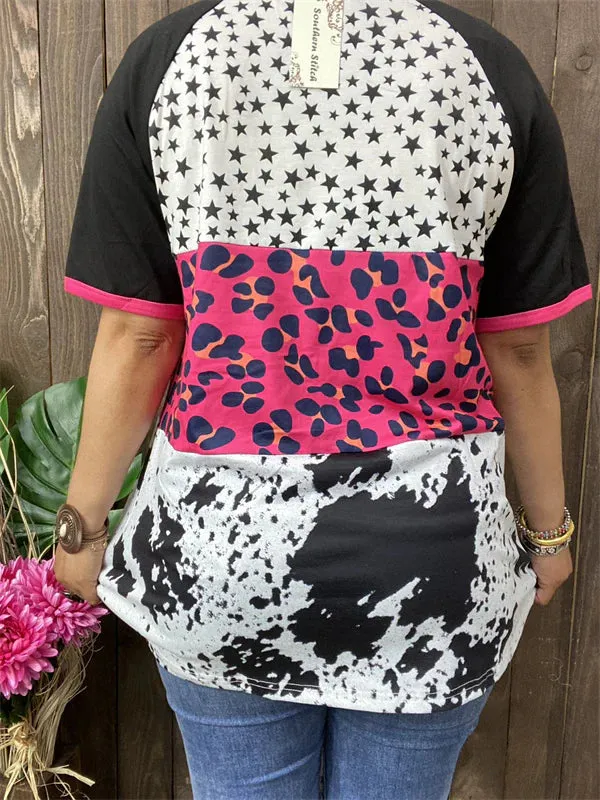 S, L, 3X Stars, Pink Leopard, Cow print color block top