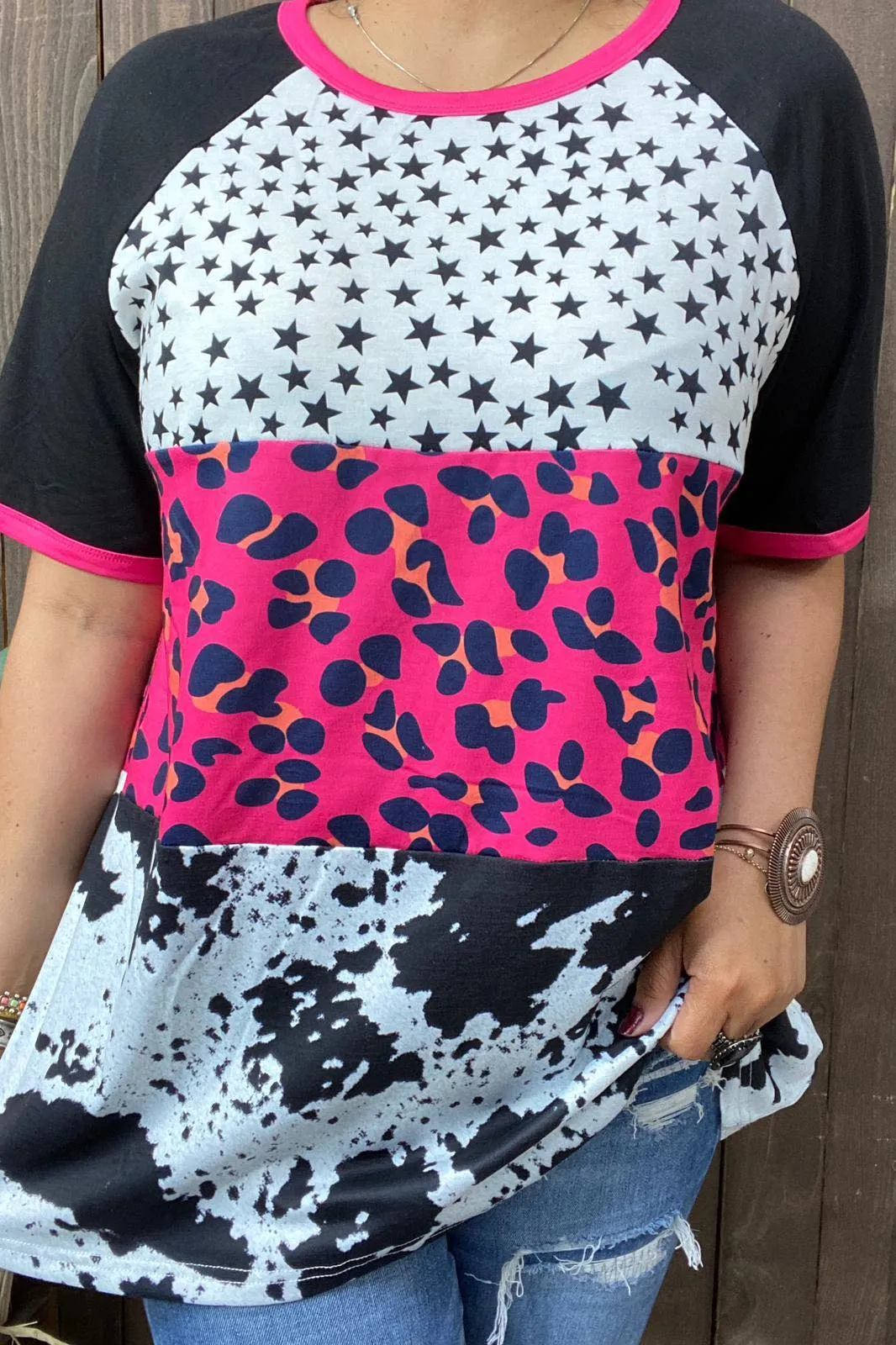 S, L, 3X Stars, Pink Leopard, Cow print color block top