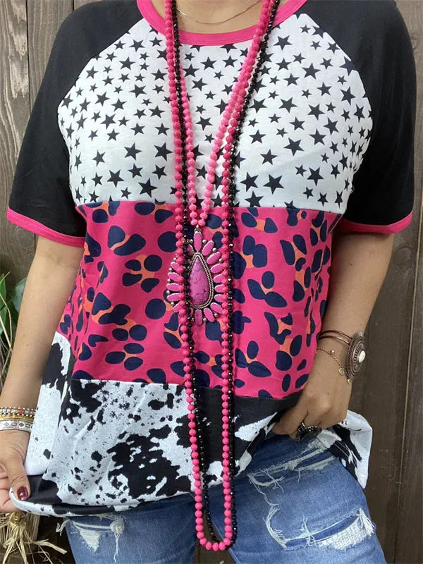 S, L, 3X Stars, Pink Leopard, Cow print color block top