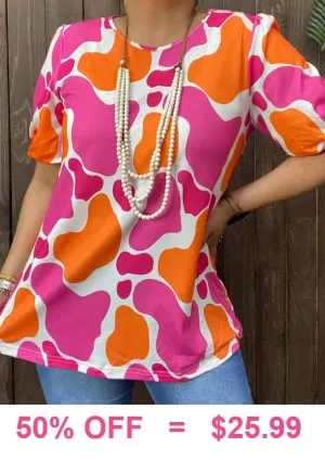 S, L,3X Pink and Orange cow print top