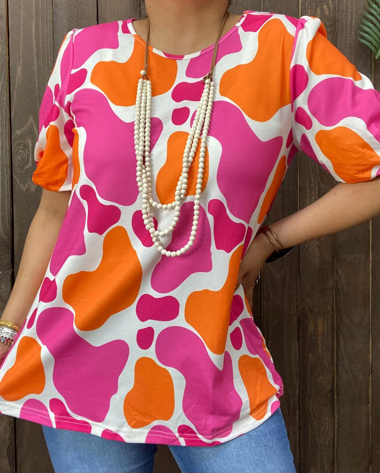 S, L,3X Pink and Orange cow print top