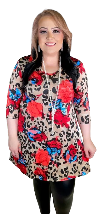 S, M, L, 2X Taupe Leopard & Coral Floral Flutter Tunic