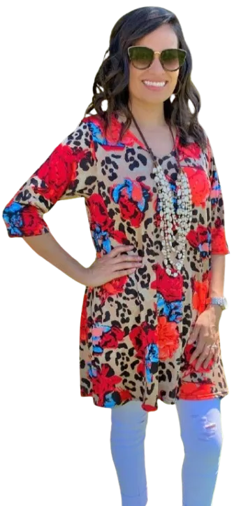 S, M, L, 2X Taupe Leopard & Coral Floral Flutter Tunic