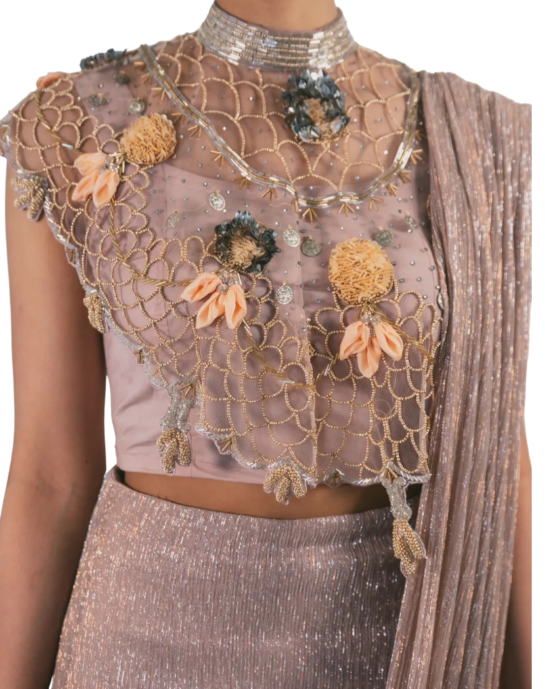 SAMPLE SALE: Champagne Gold Sheer Beaded Cape Concept Sari