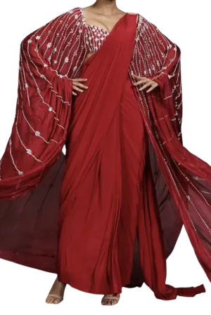 SAMPLE SALE: Crimson Beaded Pre-Draped Cape Sari