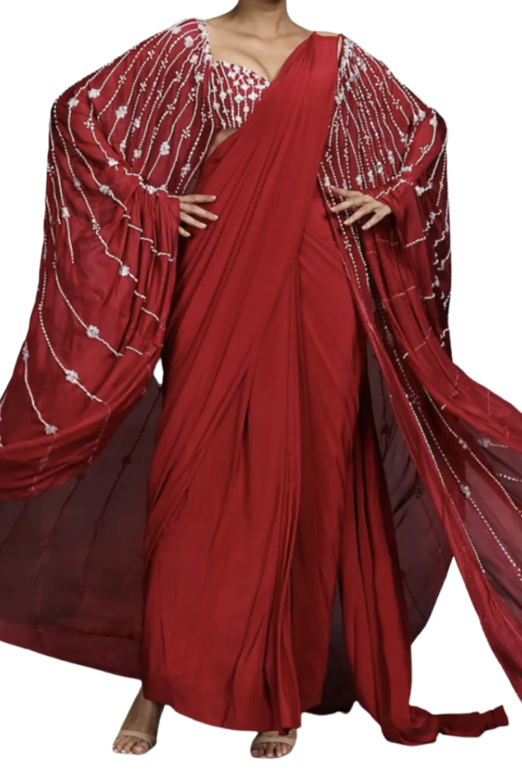 SAMPLE SALE: Crimson Beaded Pre-Draped Cape Sari