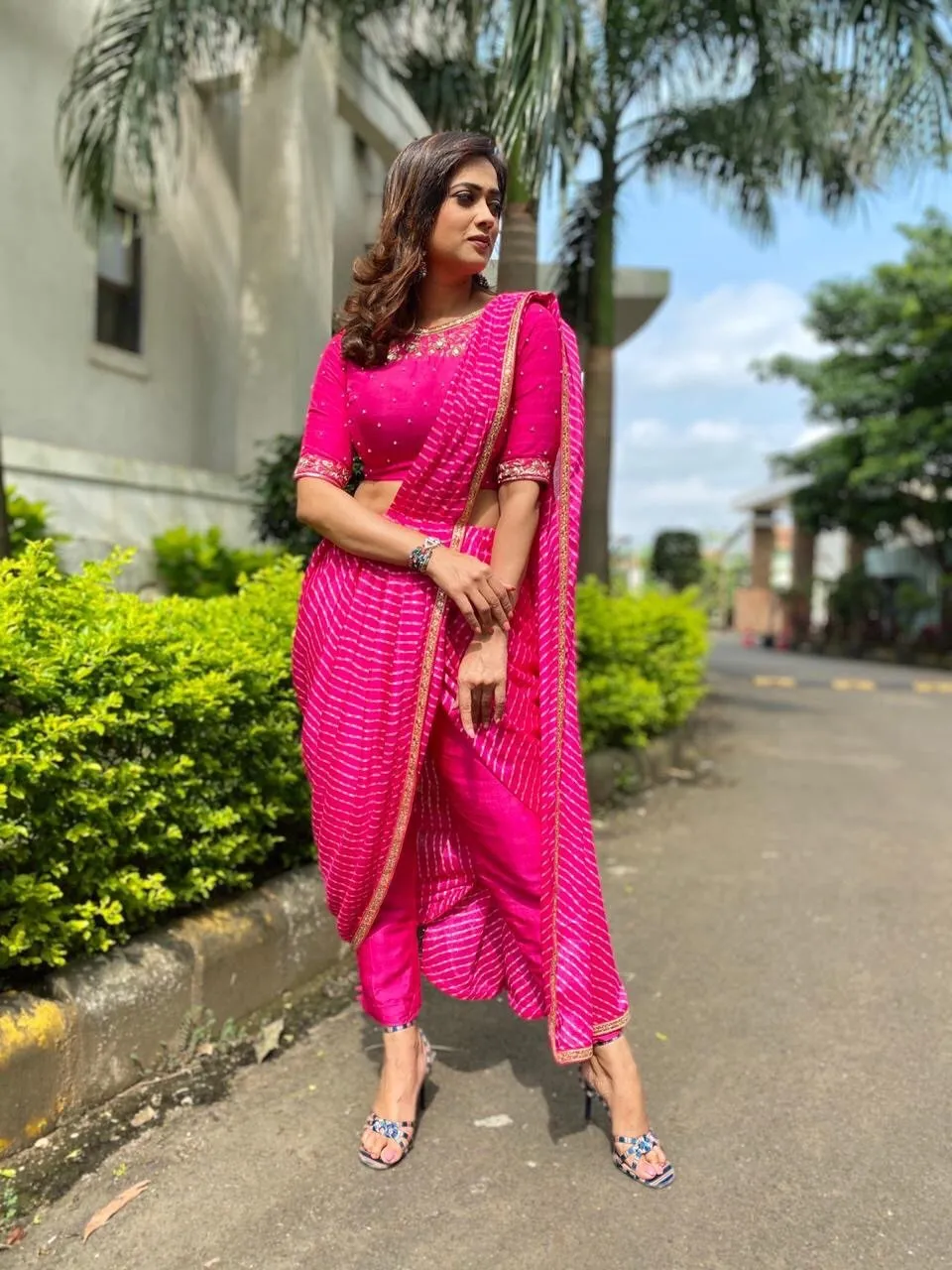 SAMPLE SALE: Fuchsia Leheriya Pre-Draped Sari Pant Set