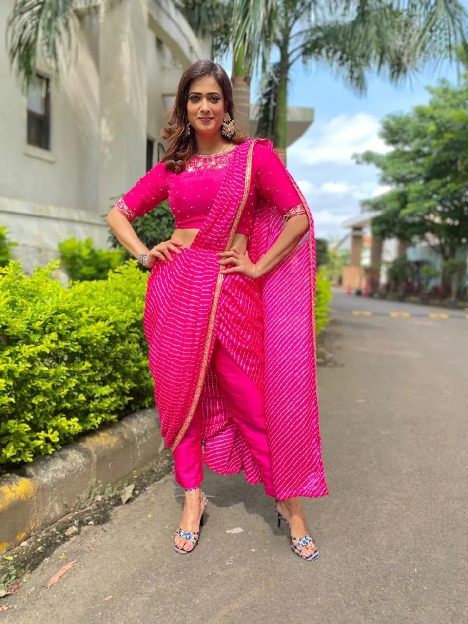 SAMPLE SALE: Fuchsia Leheriya Pre-Draped Sari Pant Set
