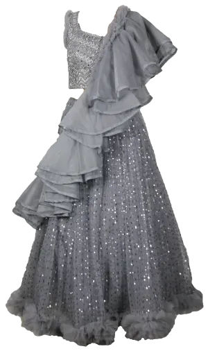 SAMPLE SALE: Grey & Silver Ruffled Embellished Lehenga
