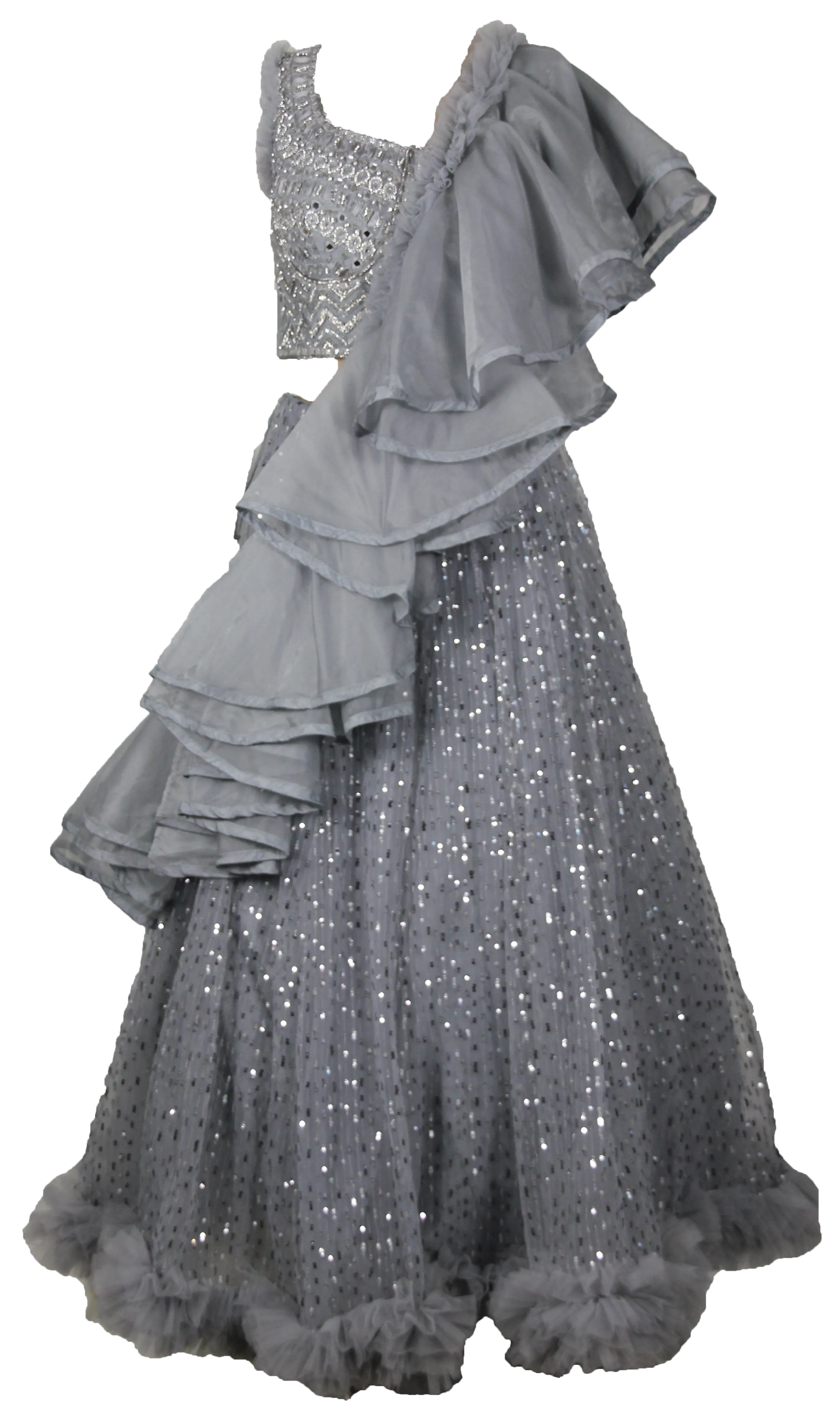SAMPLE SALE: Grey & Silver Ruffled Embellished Lehenga