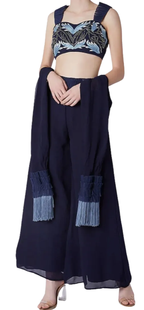 SAMPLE SALE: Inverted Beaded Ruffle Blouse With Palazzo & Dupatta