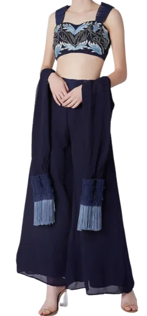 SAMPLE SALE: Inverted Beaded Ruffle Blouse With Palazzo & Dupatta
