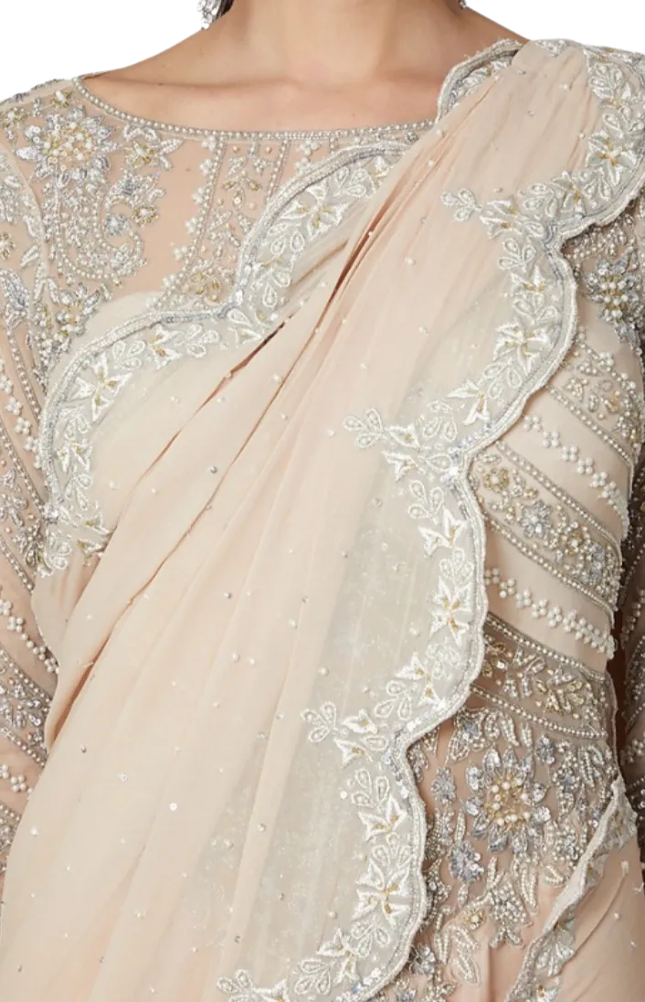 SAMPLE SALE: Ivory & Silver Embellished Scalloped Pre-Draped Sari