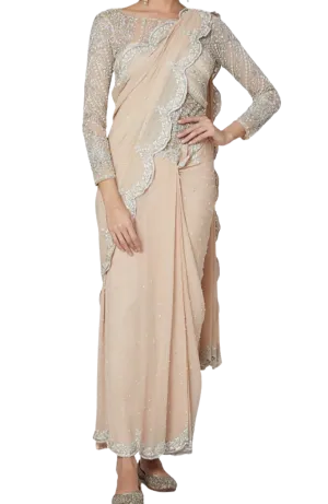SAMPLE SALE: Ivory & Silver Embellished Scalloped Pre-Draped Sari