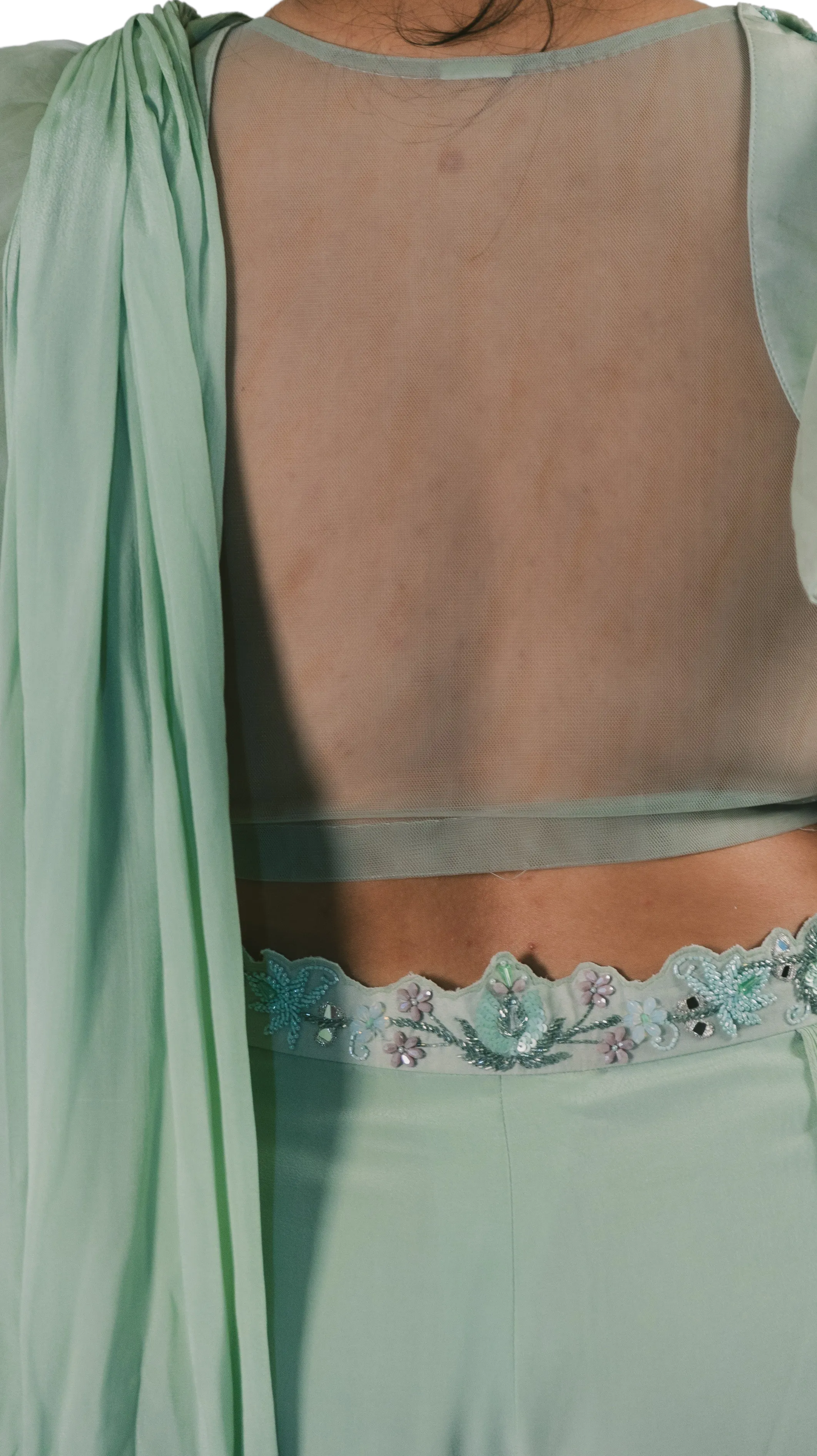 SAMPLE SALE: Mint Green Pleated Pant Sari with Ruffle Blouse