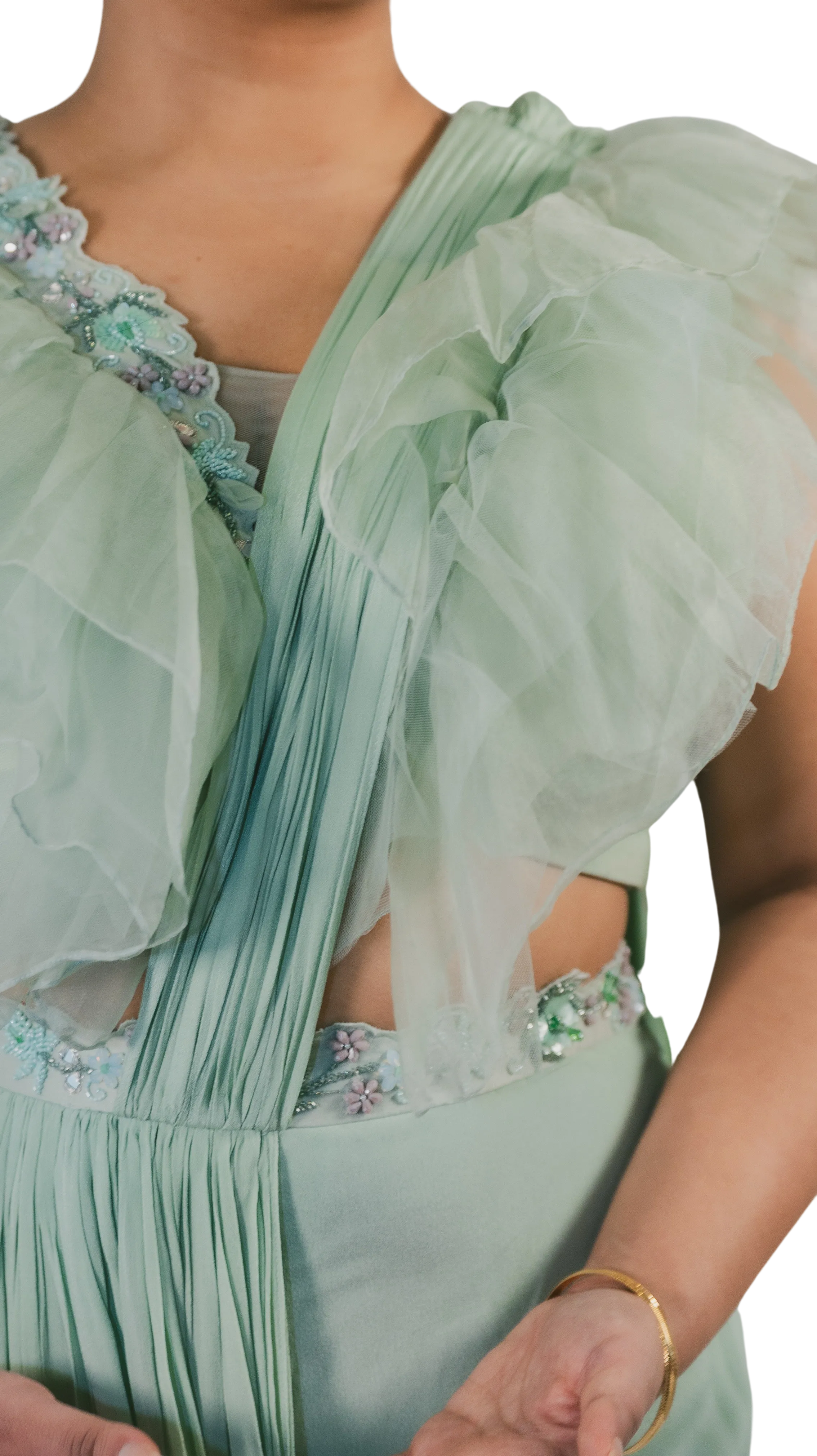SAMPLE SALE: Mint Green Pleated Pant Sari with Ruffle Blouse