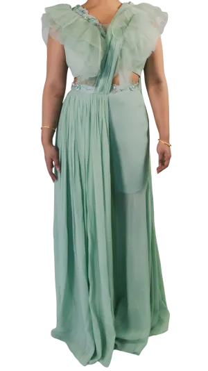 SAMPLE SALE: Mint Green Pleated Pant Sari with Ruffle Blouse