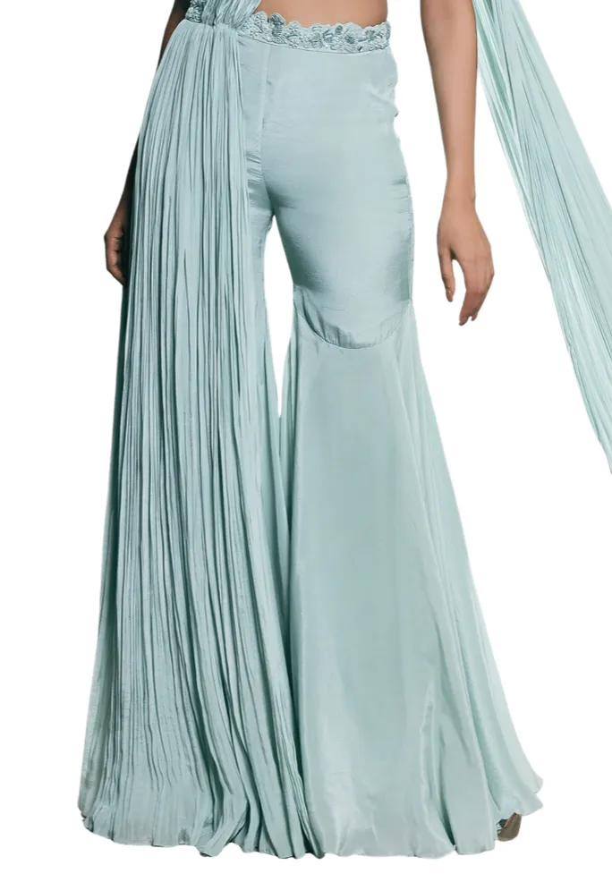 SAMPLE SALE: Mint Green Pleated Pant Sari with Ruffle Blouse