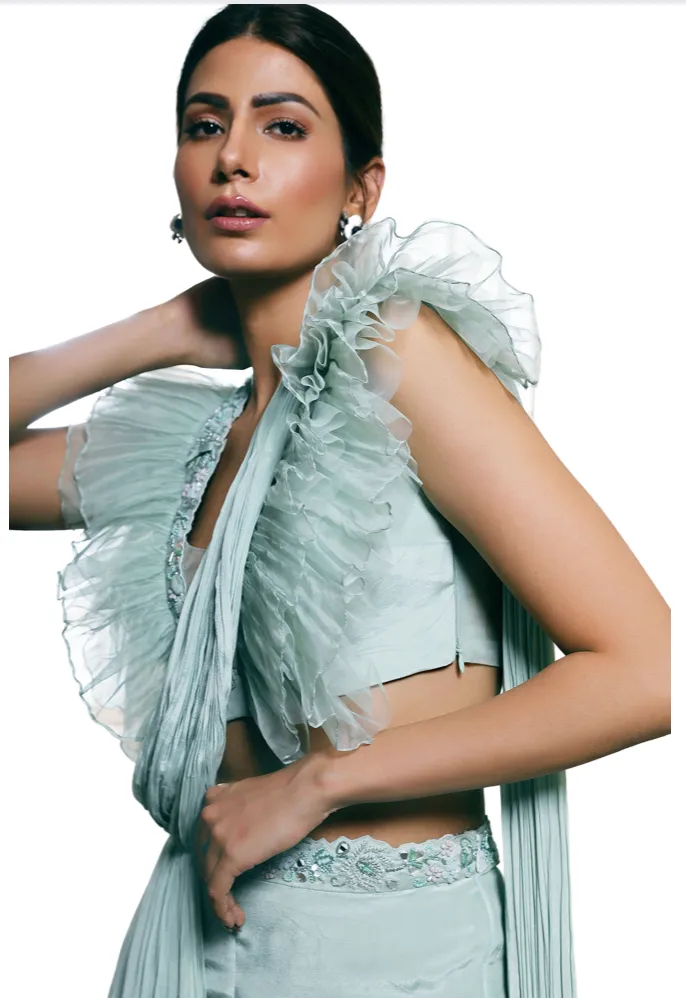 SAMPLE SALE: Mint Green Pleated Pant Sari with Ruffle Blouse