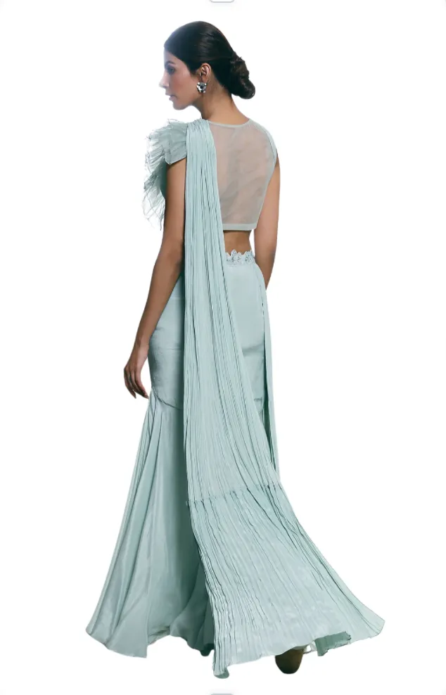 SAMPLE SALE: Mint Green Pleated Pant Sari with Ruffle Blouse