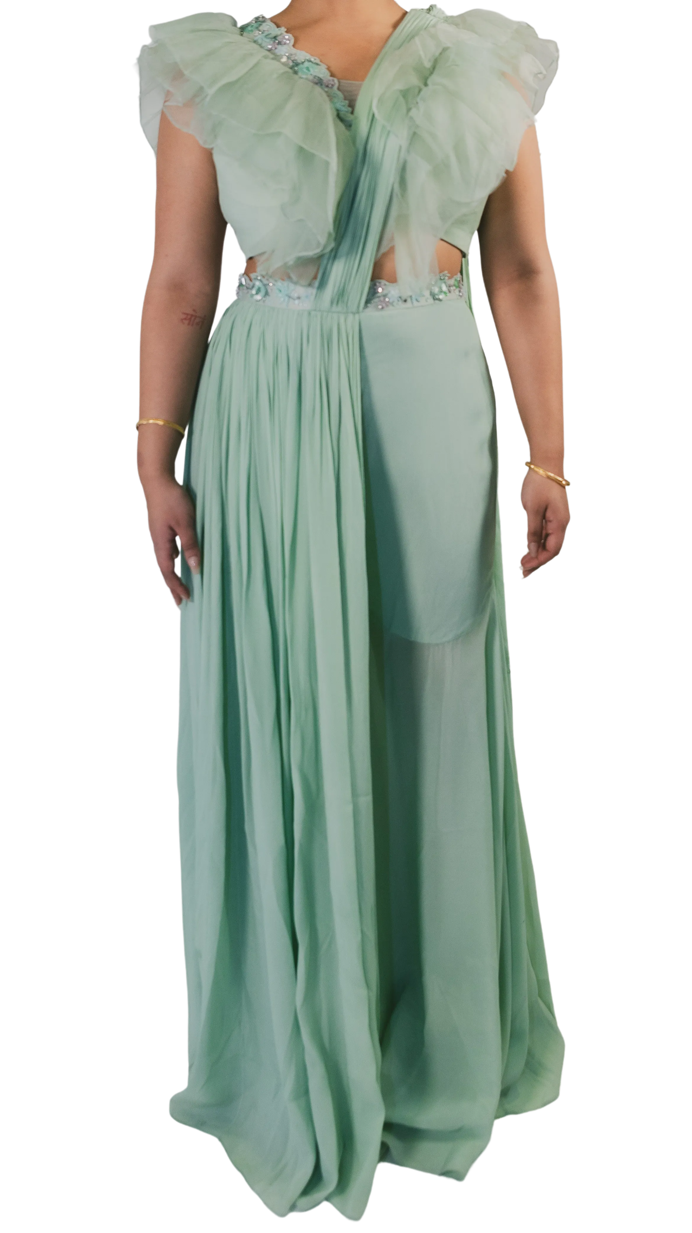 SAMPLE SALE: Mint Green Pleated Pant Sari with Ruffle Blouse
